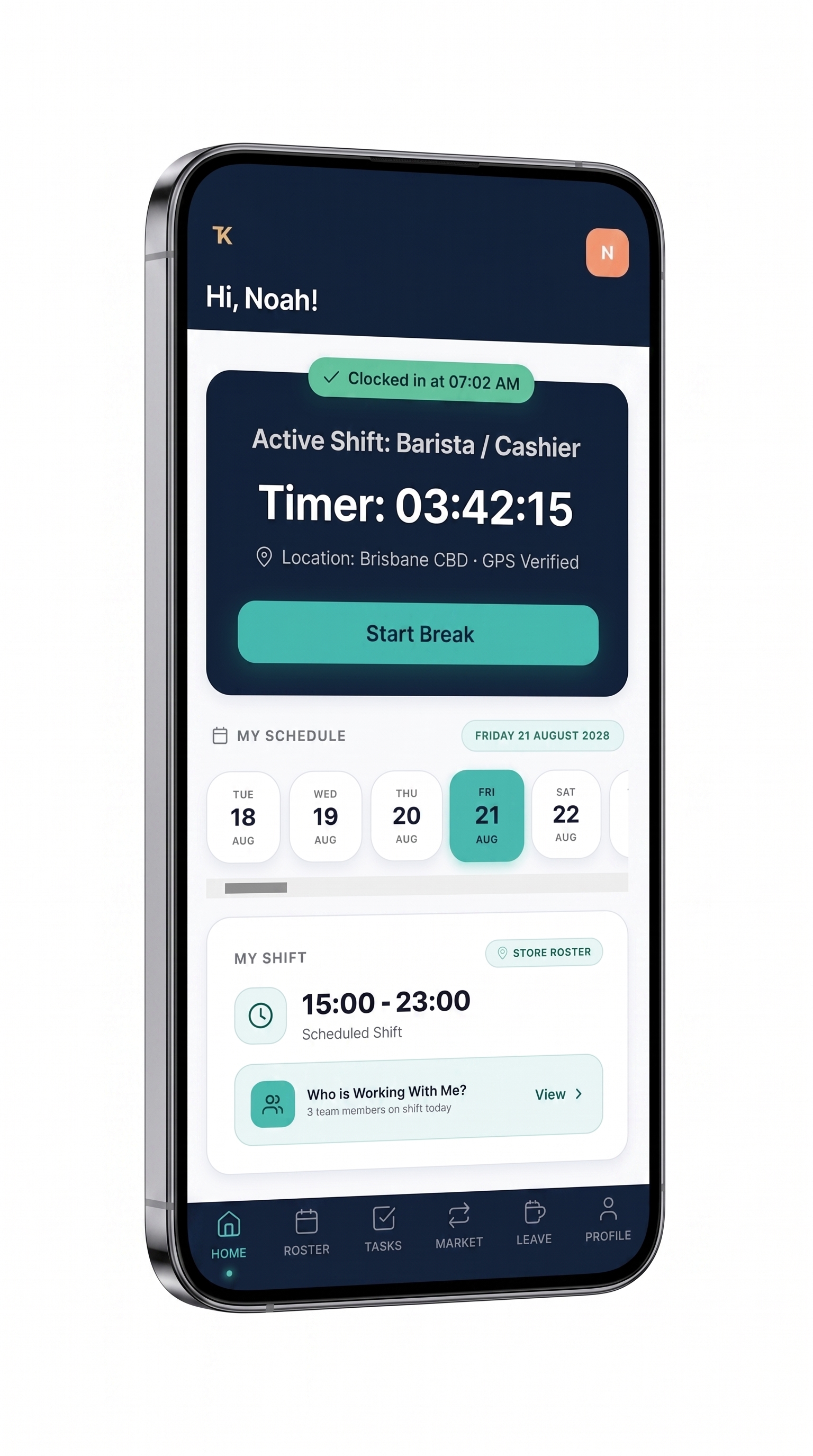 Actual TabKey employee active shift screen